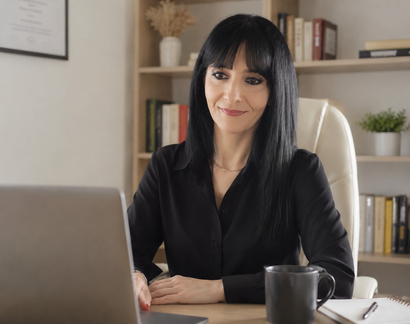 Psicóloga Patricia Sánchez realizando una sesión de terapia online desde su despacho.